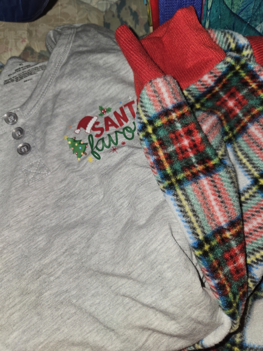 Cozy Women's Light Gray Holiday Henley Pajama Top with Red Accents